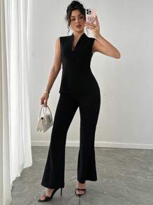 DAZY مجموعة مكونة من 2 قطع للمرأة، توب بياقة على شكل حرف v بدون أكمام وبنطلون بأرجل واسعة - الأسود - مشاهدة 5