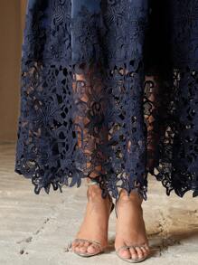 Anewsta Elegant Navy Blue Flared Lace Trim Skirt For Women - Navy Blue - View 2