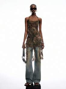 LYSMO 2025 New Arrival Spring-Summer Women's Post-Apocalyptic Style Vintage Distressed Tie-Dye Print Ruffled Asymmetrical Long Slim Halter Neck Camisole For Vacation Outfits And Vintage Casual Partywear