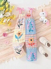 SHEIN Fashionable Plaid & Floral Print Baby Girls' Jumpsuit