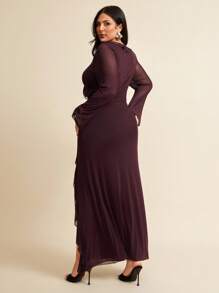 SHEIN BAE Plus Size Long Sleeve Burgundy Dress, Elegant Autumn Sweet Ruffle Mesh Dresses For Women, Wedding Guest Birthday Party Homecoming - Coffee Brown - View 6