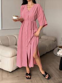 DAZY Simple Linen Loose Women's Robe Pajama - Pink - View 4
