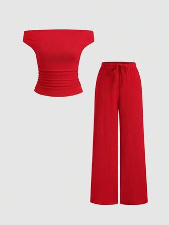Sweetra Damen 2-teiliges Set, Einfarbiges Schulterfreies Top und Lässig-Hose mit weitem Bein und Kordelzug