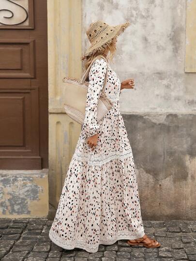 Brillora 女式 V 领荷叶边灯笼袖 A 字休闲豹纹连衣裙，秋冬款