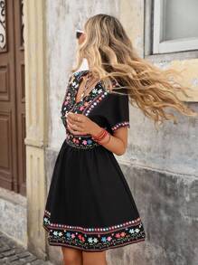 Brillora 女士 V 领墨西哥印花夏季连衣裙，适合假期