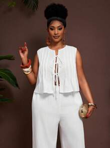 Veslaya Completo da donna taglie forti stile boho per festival musicali e vacanze tropicali, composto da blusa casual senza maniche con volant e laccio, e pantaloni dritti con tasche, adatto per l'uso quotidiano in primavera/estate - Bianco - Visualizzare 6