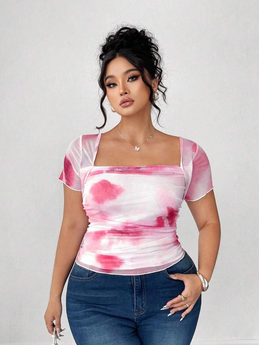 Elenzga Plus Size Elegant Casual Vacation Pink Sheer Mesh Tie-Dye Crop Top - Multicolor - View 1