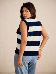Elaquor 加大码条纹印花V领前扣无袖毛衣背心，商务休闲女装，秋冬女士教师装 - 藏蓝色 - 查看 2
