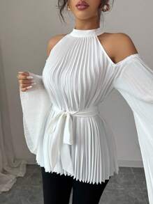 Elenzga Stand Collar Hollow Shoulder Long Sleeve Chiffon Pleated Ruffle Flare Sleeve Cinched Waist A-Line Design Sense Spring & Summer Vacation Versatile French Elegant Vintage Blouse