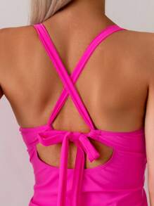 Swim Lushoire Conjunto de Maiô Bikini Tanquíni de Cintura Alta com Alça Grossa Cruzada, Babados e Estampa de Concha, em Rosa Fúcsia, Roupa de Praia de Verão - Pink - Visão 4