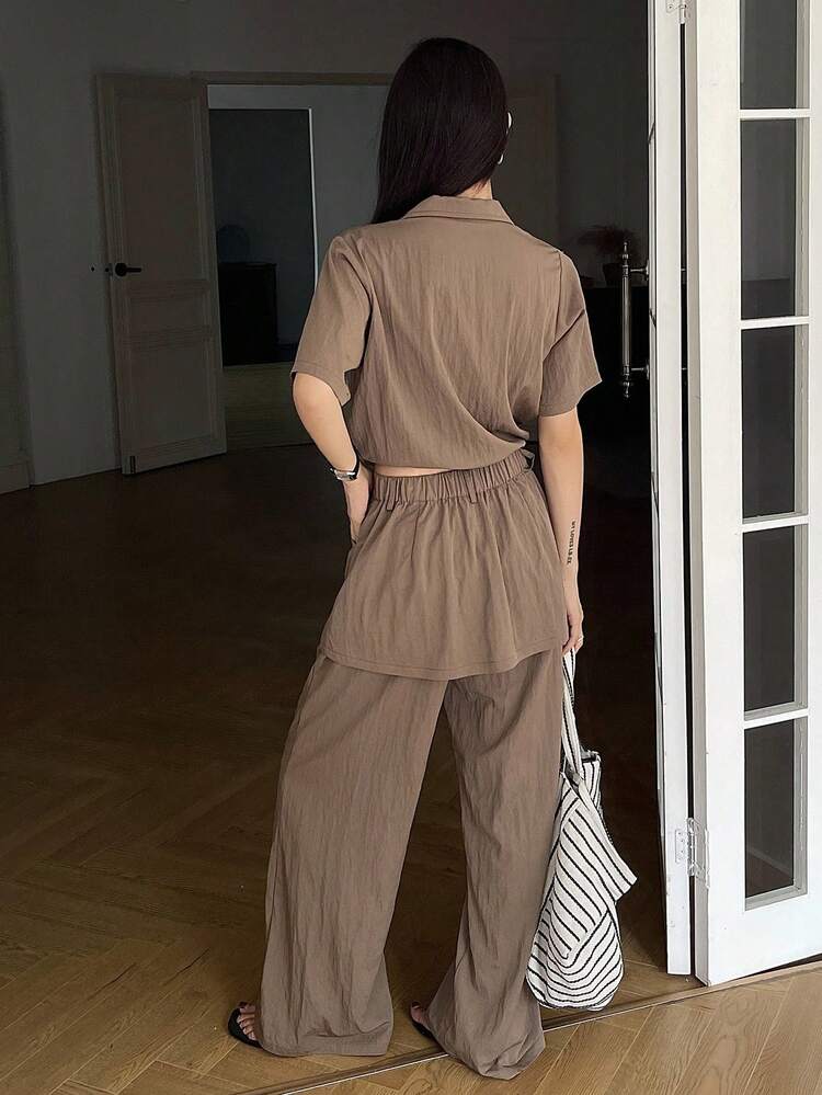 2pcs Set Women Short Sleeve Loose Casual Shirt And Pants,Teacher Outfits