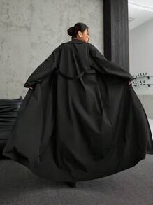 SHEIN EZwear 加大码双排扣纯色休闲长袖长款风衣加大码超大外套 - 黑色 - 查看 2