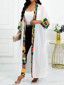 SHEIN Lady 女士长款花卉和服长袍，带图腾印花，适合度假 - 白色 - 查看 3