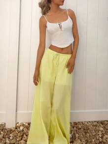 SHEIN EZwear 女式纯色抽绳腰蕾丝拼布口袋裤子