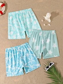 Young Boys 2025 New Swimwear Set - 3 Pcs: Swim Trunks, Swimsuit, Printed With Ocean Animals, Drawstring Waist, Woven Fabric, Casual & Cool, Perfect For Vacation, Summer Photo Shooting, Gift