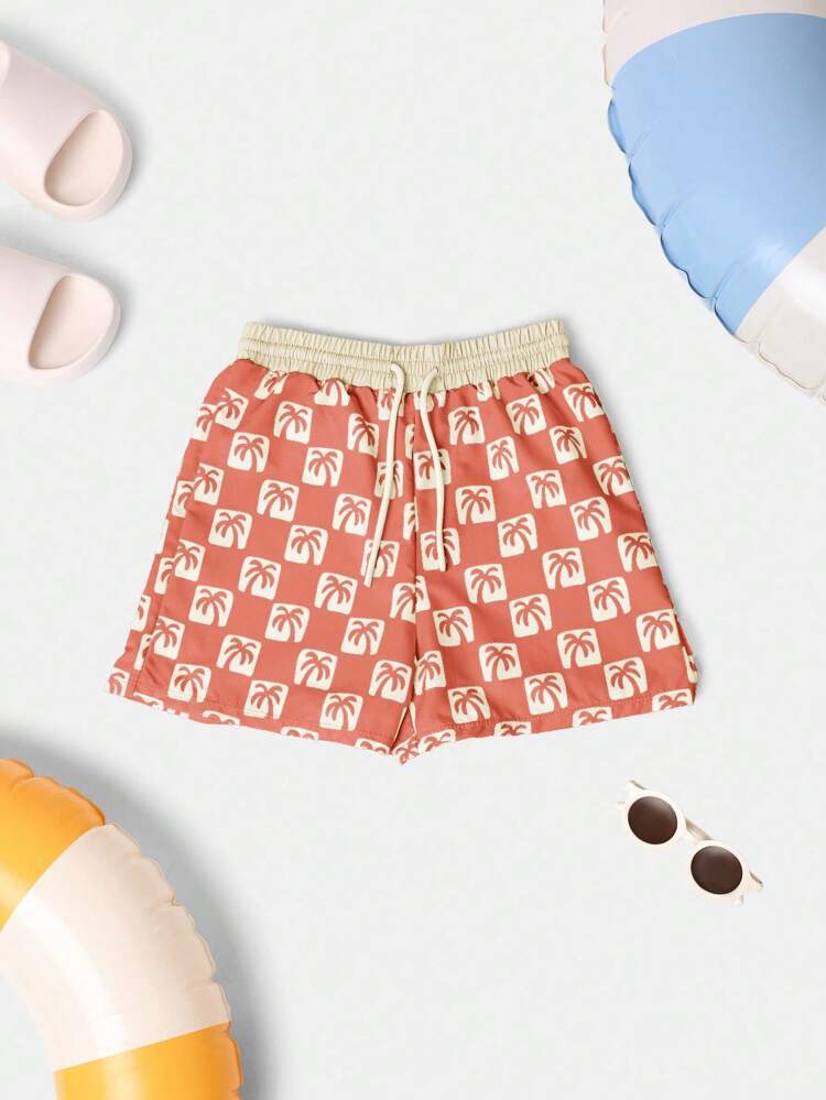 Drawstring Palm Tree Pattern Beach Pool Swimwear Board Shorts