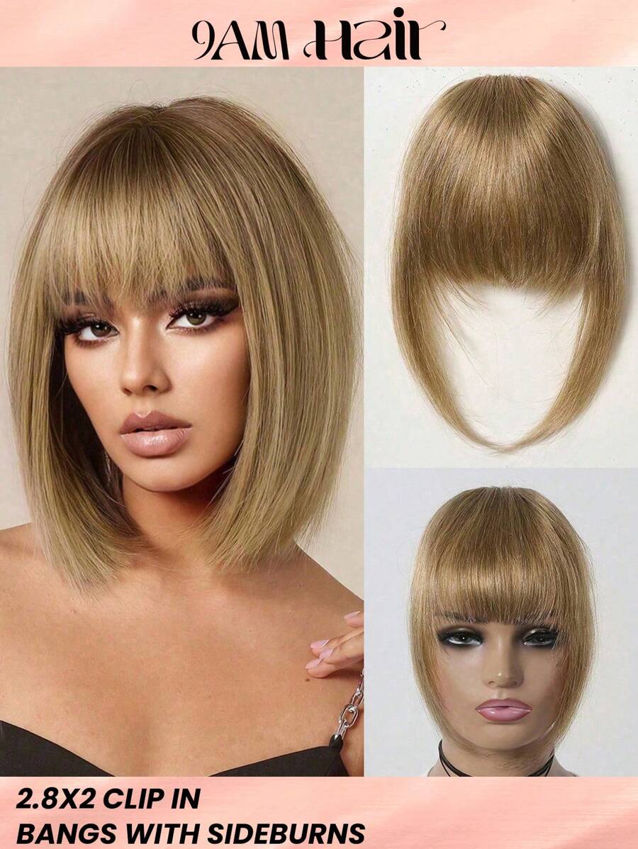 真人发丝空气刘海，带鬓角，浅棕色刘海，接发夹，适合初学者，真发片，易于佩戴 - S6 - 查看 1