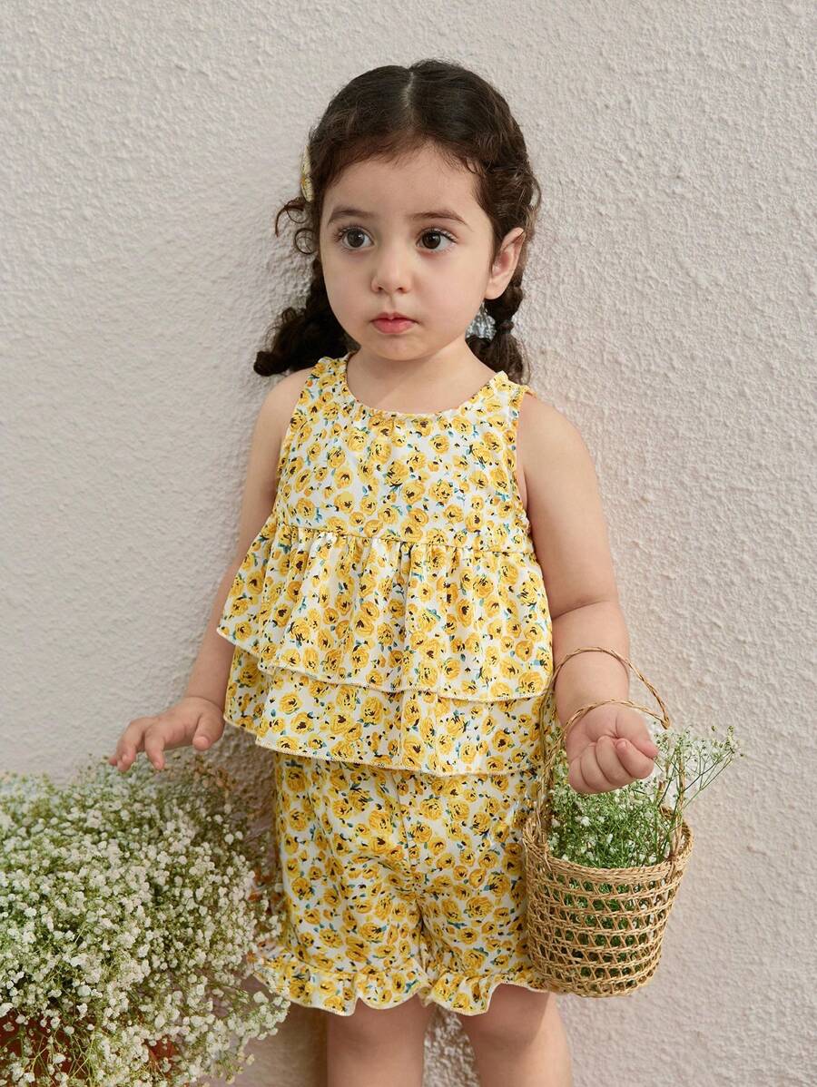 Blossori Baby Mädchen Country Urlaubs Gelb Blumen Ärmellos Top und Shorts Set - Verschiedenfarbig - Übersicht 1