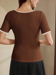 Vintamour Camiseta de mujer vintage, clásica y elegante, con detalles de lazo, de manga corta, de corte ajustado y con ribetes de contraste, para primavera/verano, color albaricoque