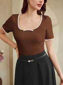 Vintamour Camiseta de mujer vintage, clásica y elegante, con detalles de lazo, de manga corta, de corte ajustado y con ribetes de contraste, para primavera/verano, color albaricoque