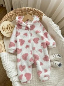 Pelele con capucha con estampado de corazón esponjoso para bebé recién nacida, otoño/invierno