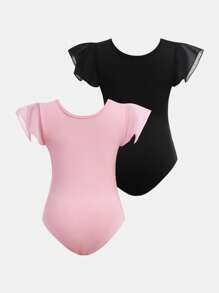 SHEIN 2 piezas Conjunto deportivo de moda para niñas, body de punto de unicolor negro y rosa, maillot gimnástico de estampado elástico, cómodo y suave