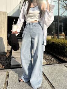 DAZY 女式宽松高腰修身直筒牛仔裤，简单百搭舒适的全长裤