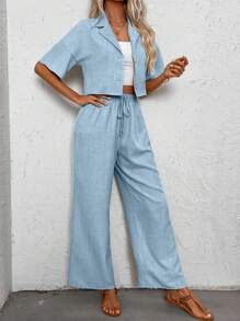 SHEIN PETITE 2pcs/Set Women's Casual Solid Color Shirt And Pants Set, Vacation Style - Baby Blue - View 4