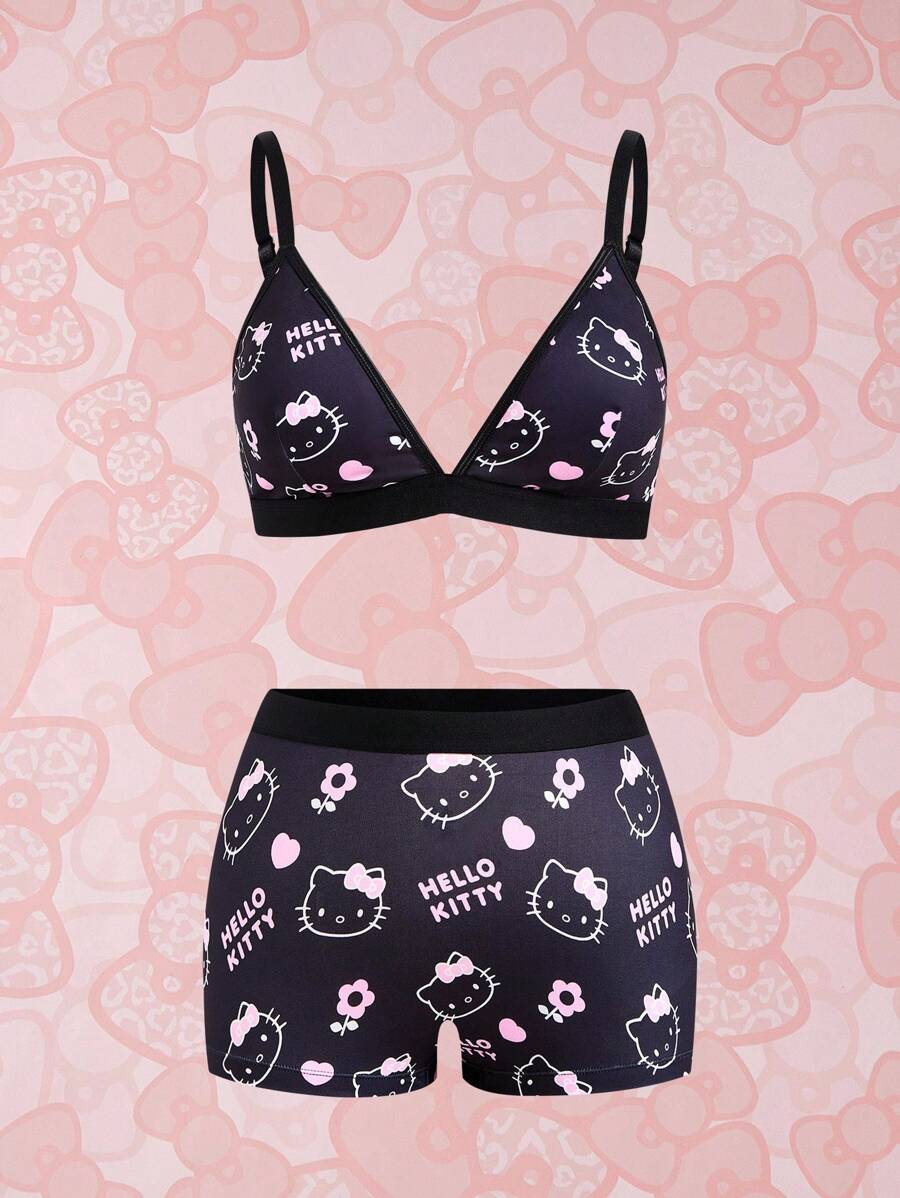 HELLO KITTY AND FRIENDS | SHEIN Plus Size Black & Pink Kitty And Heart Print Sexy & Comfy Bikini Bra And Boxer Brief Lingerie Set,Kawaii,Y2K,Cute,Sweet - Black - View 1