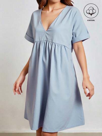 INAWLY 女式棉质V领休闲短袖蓝色迷你连衣裙