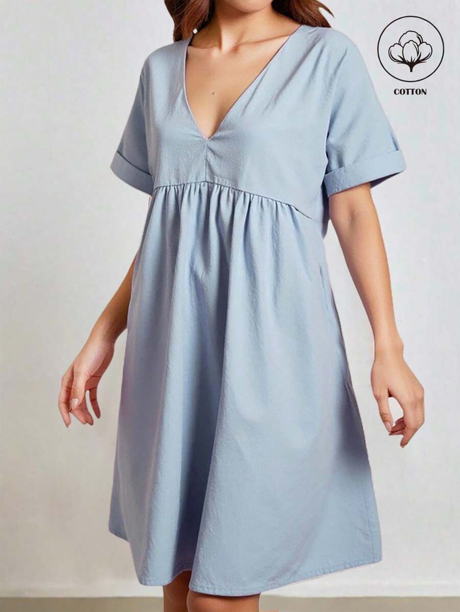 INAWLY 女式棉质V领休闲短袖蓝色迷你连衣裙 - 藍色 - 查看 1