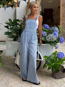 Livesso 女式夏季浅蓝色水洗牛仔背带裤和连体裤 - 藍色 - 查看 3