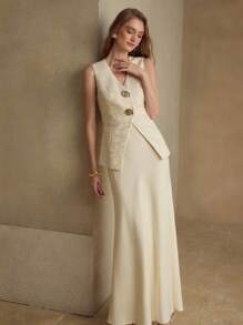 MOTF PREMIUM 女式两件套提花背心夹克和鱼尾裙套装 - 杏色 - 查看 1