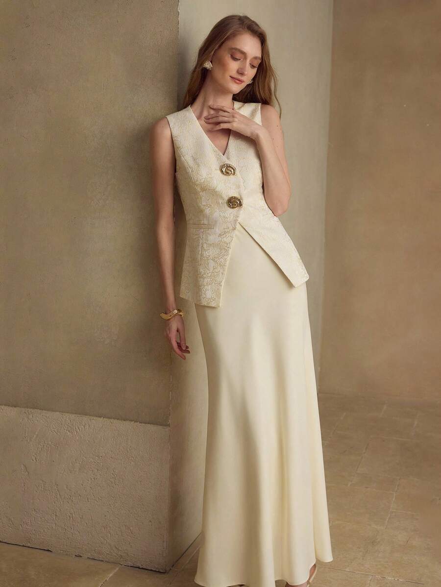 MOTF PREMIUM 女式两件套提花背心夹克和鱼尾裙套装 - 杏色 - 查看 1