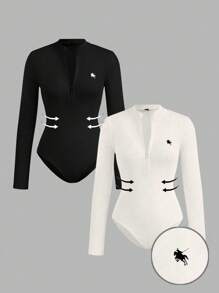 SHEIN EZwear 2pcs Women Casual Mock Neck Half-Zip Front Bodysuit Set, Ribbed Fabric, Horse Logo Print - Multicolor - View 1