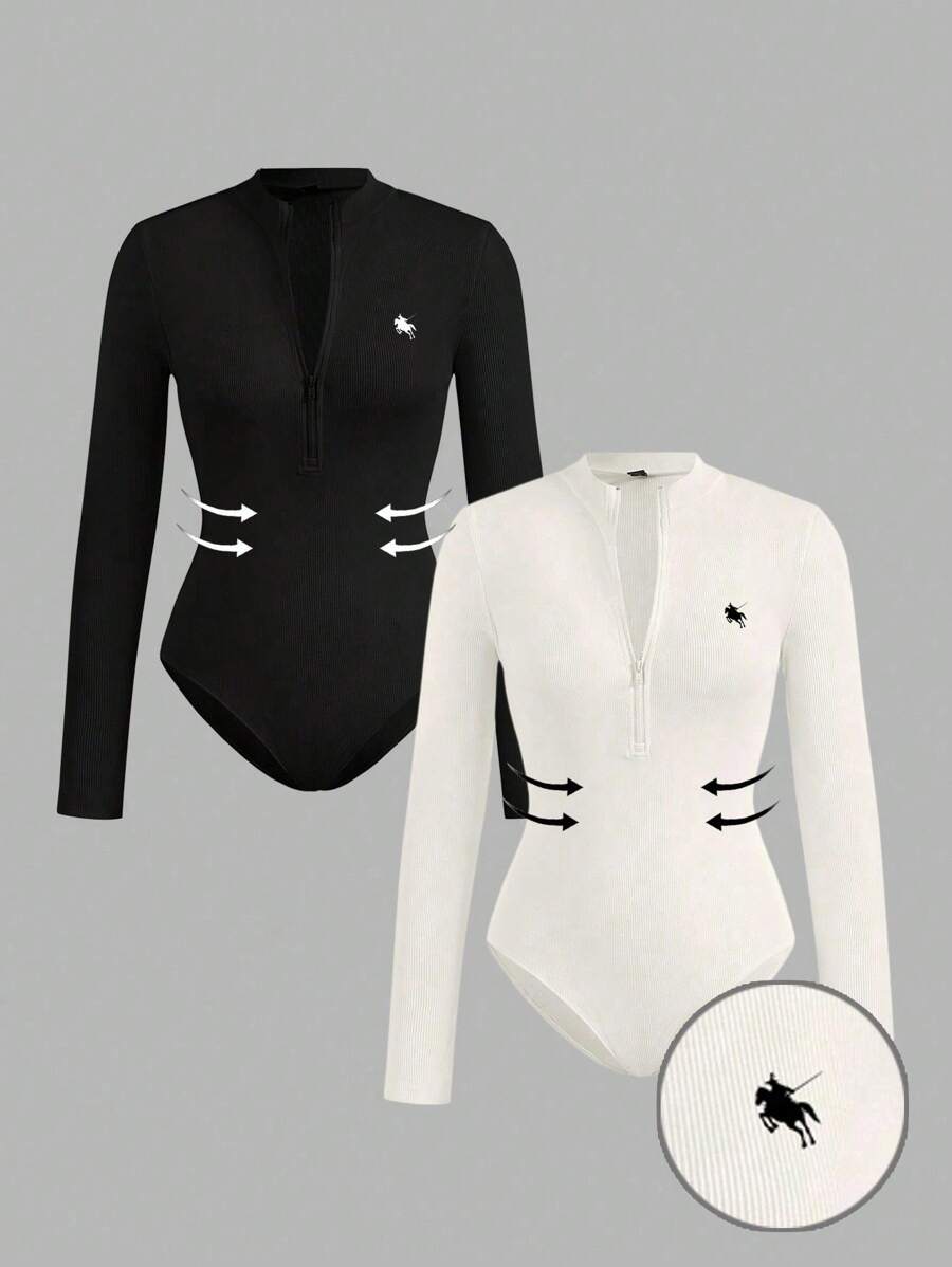 SHEIN EZwear 2pcs Women Casual Mock Neck Half-Zip Front Bodysuit Set, Ribbed Fabric, Horse Logo Print - Multicolor - View 1