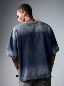 ROMWE MEN Prep 夏季男士休闲水洗刺绣字母牛仔衬衫 - 銅色 - 查看 11