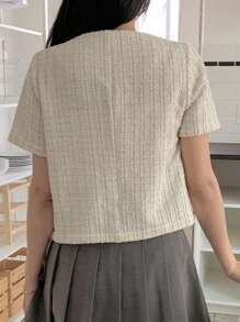 DAZY Women's Summer Textured Fabric Drawstring Plaid Short Sleeve Cropped Lightweight Casual Jacket - White - View 6