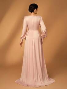 Serin Váy dài tay đuôi cá xếp ly ren sequin thanh lịch cổ chữ V bằng vải satin, phù hợp cho tiệc tối, vũ hội, đám cưới, váy cưới cho mẹ cô dâu - Rượu sâm banh - Xem 2