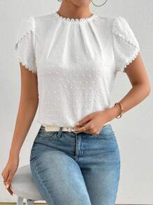 EMERY ROSE Women's Elegant Plain Color Laser Cut Fabric Frill Trim Peplum Sleeve Shirt White Blouse