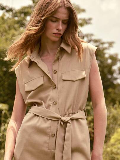 Lumivelle SummerHoliday Urban Vibes Homecoming Dress Women's Summer New Fashionable Sleeveless Lapel Cuffed Leg Jumpsuit With Belt, Simple Elegant Fitted Solid Color Overalls, Summer Vintage French Style Chic Street-Style Jumpsuit, Women's 2025 Summer New High-Waisted Slimming Wide Leg Long Pants, Workwear Pocket Wide Shoulder Cut Crisp Shirt Collar Jumpsuit, Women's Simple Elegant Belted Loose Sleeveless Commuter Jumpsuit