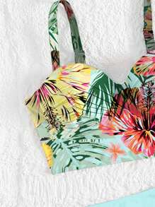 SHEIN Swim 女款夏季海灘熱帶植物印花性感比基尼泳衣套裝 (印花隨機)，附鋼圈墊高胸部 - 淺藍色 - 查看 3