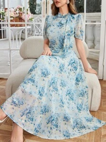 Modelyn 女式优雅花卉印花扭领泡泡袖高腰褶皱连衣裙，夏季