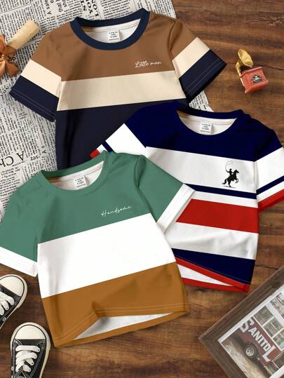 SHEIN 3pcs/Set Young Boys Classic Colorblock Fashion Graphic Print Casual Comfortable Short Sleeve T-Shirt, Suitable For Spring/Summer, Indoor, Outdoor, Sibling Set