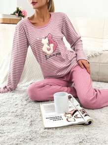 EURMUSE 100%Cotton Embroidery Cartoon & Letter Pattern Striped Lounge Set - Pink - View 1