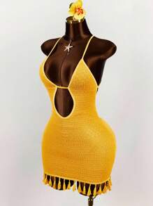 Amplova Gaun Mini Bodycon Tanpa Lengan dengan Leher V Dalam, Tali Pengikat, dan Rumbai, Kain Bertekstur, Cocok untuk Hari Thanksgiving - Kuning - View 2