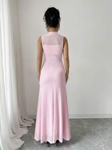 Selianne Women's Elegant Solid Color Jacquard Stand Collar Sleeveless Dress, Summer - Pink - View 2
