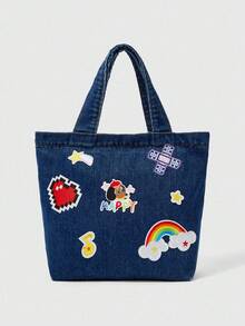 ROMWE Kawaii 1 件可爱刺绣像素心、彩虹、快乐狗、音符、星星装饰手提包，大容量通勤手提包，适合女士，日韩风格 - 彩色 - 查看 1