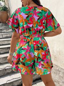 SHEIN Clasi Women's V-Neck Oil Painting Style Print With Ruffle Sleeves Waist Drawstring Romper - Green - View 2