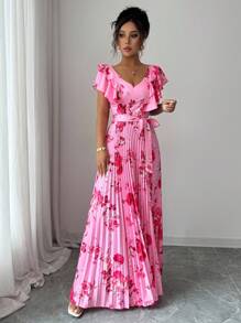 Elenzga V-Neck Digital Floral Print Vacation Style Ruffle Waist A-Line Elegant Romantic Dress For Women